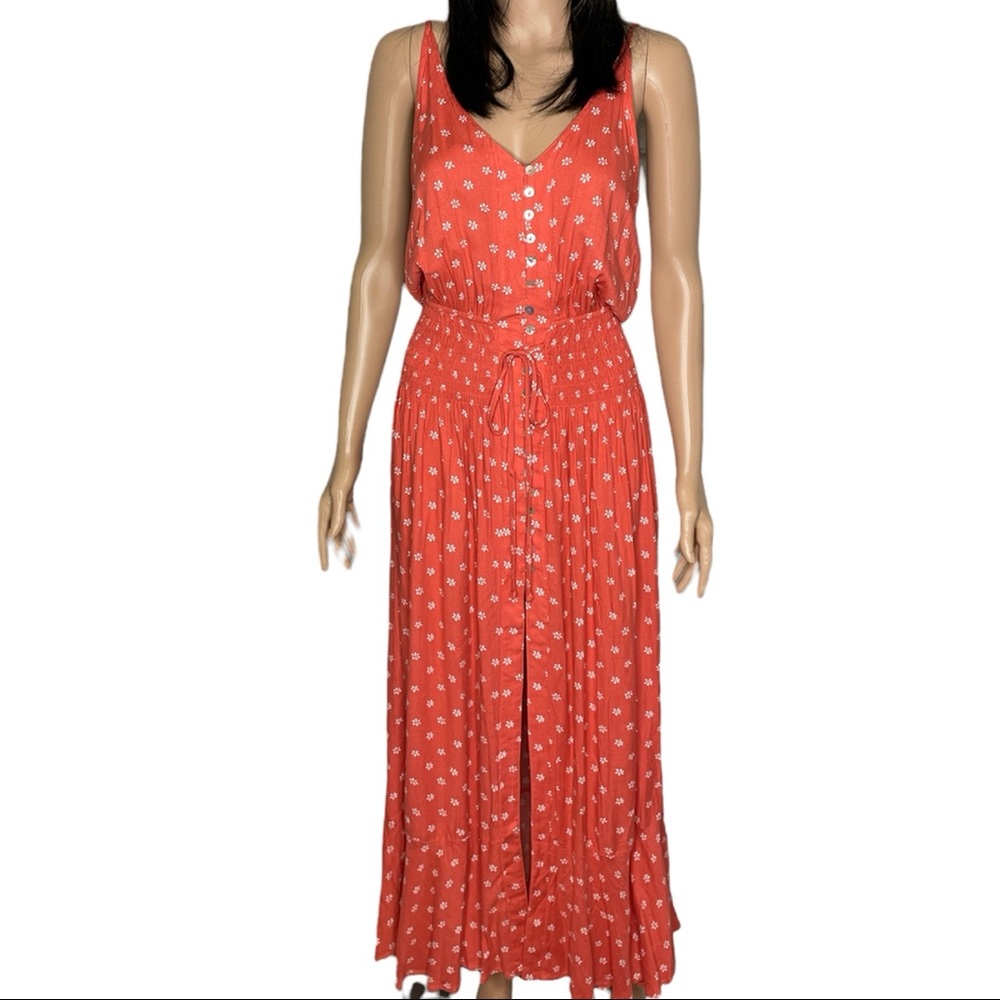 VICI Spaghetti Strap Floral Maxi Dress Women's Size M Coral Button Up Summer